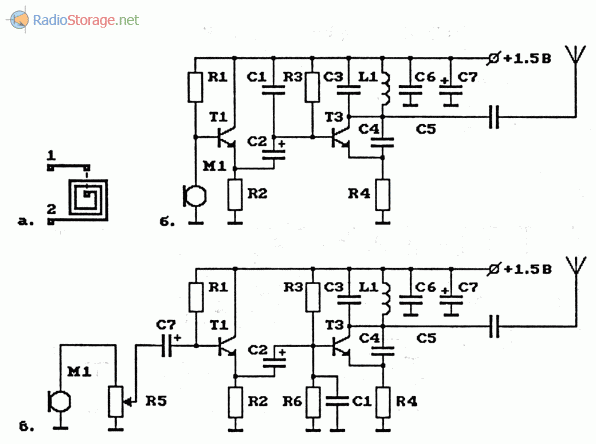 Схема УКВ ЧМ-передатчика с плоской катушкой ВЧ-генератора на биполярном транзисторе