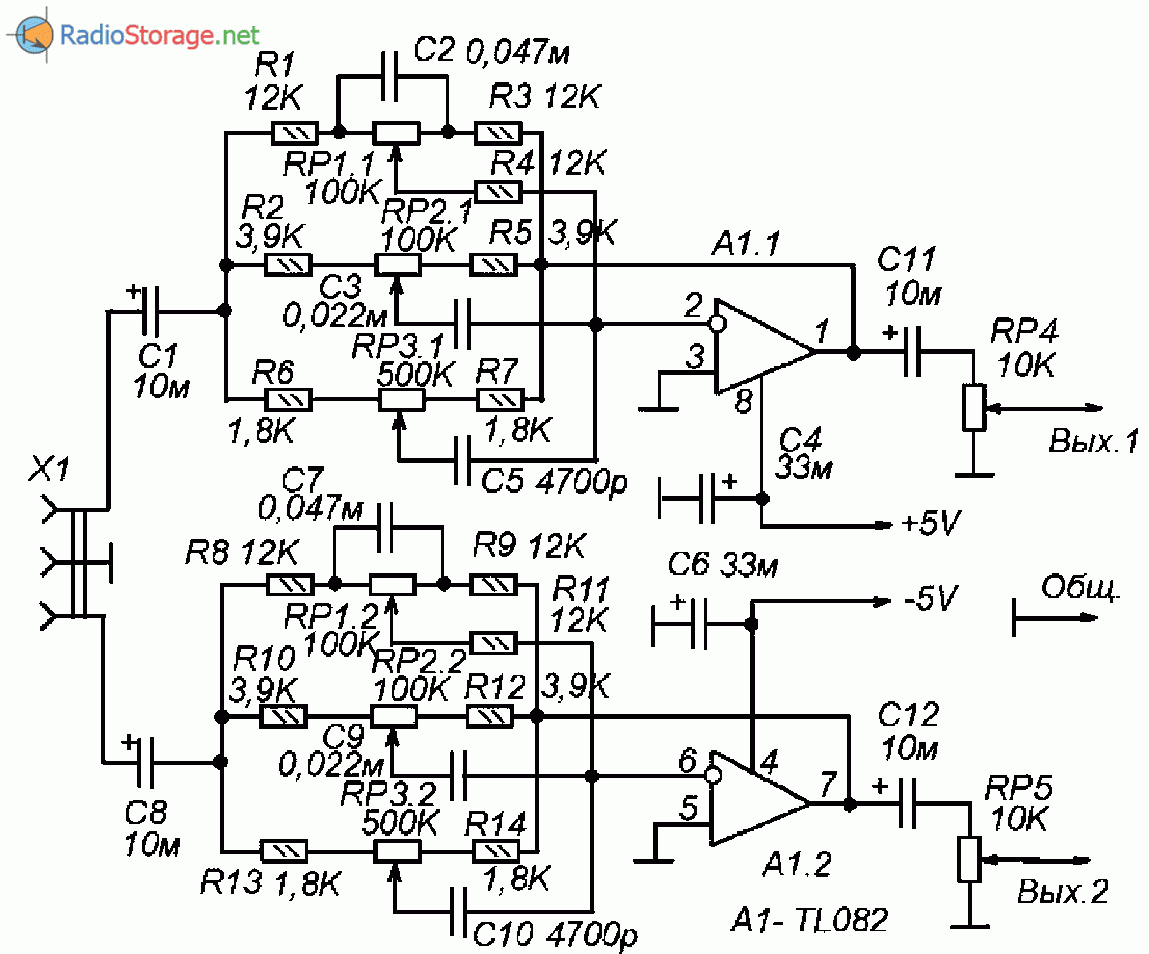 Принципиальная схема активного стерео-темброблока на ОУ TL082