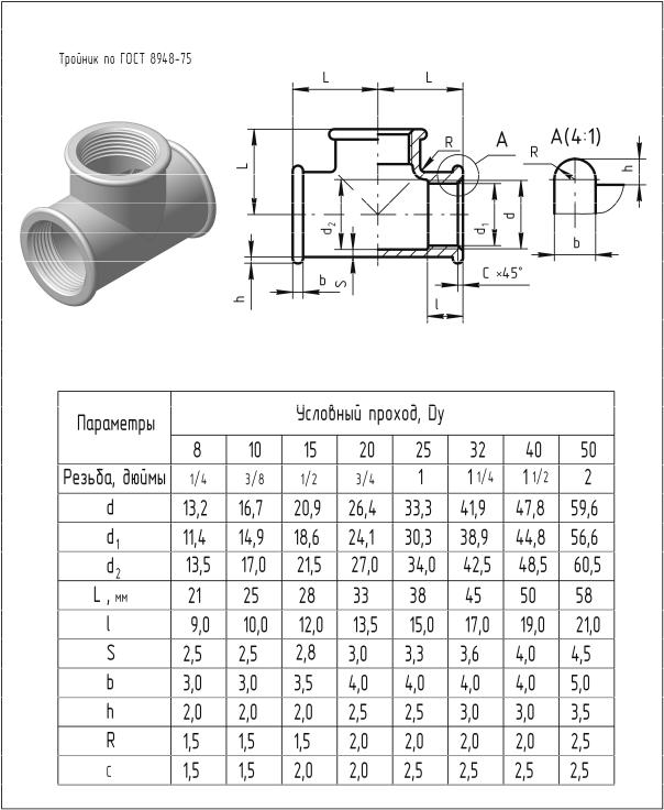 Чертеже 25 с размерами. Тройник 32 ГОСТ 8948-75. Тройник 40 ГОСТ 8948-75 чертеж. Тройник прямой ГОСТ 8948-75. Тройник Ду 25 ГОСТ 8948-75 чертеж.
