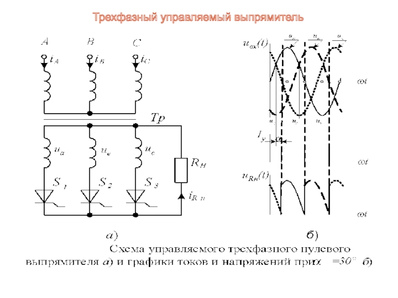 Управляемые выпрямители. Трехфазный однотактный управляемый выпрямитель. Трехфазный тиристорный выпрямитель схема. Трехфазный нулевой управляемый выпрямитель. Схема трёхфазного тиристорного управляемого выпрямителя.