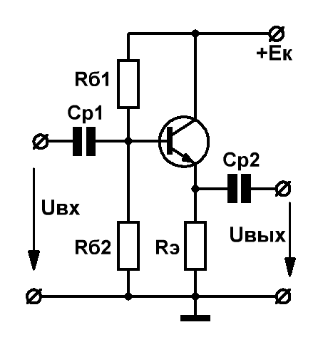 Схема с общим коллектором ОК, эмиттерный повторитель
