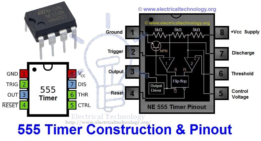 Timer 555 pinouts construction working types pinout diagram