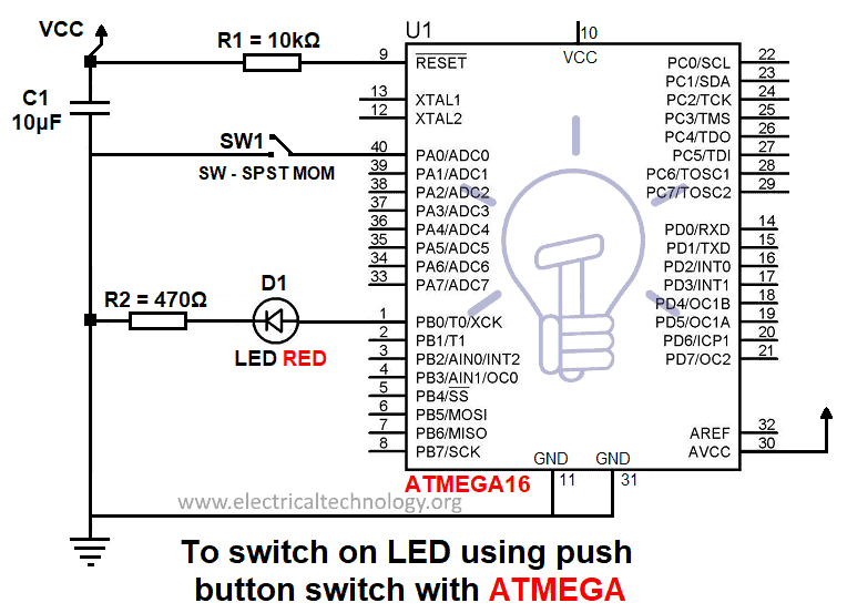 To switch on LED using push button switch with ATmega Atmel AVR